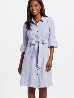 Draper James Blue Striped Cotton Ruffle Sleeve Belted Preppy Shirt Dress Size 0